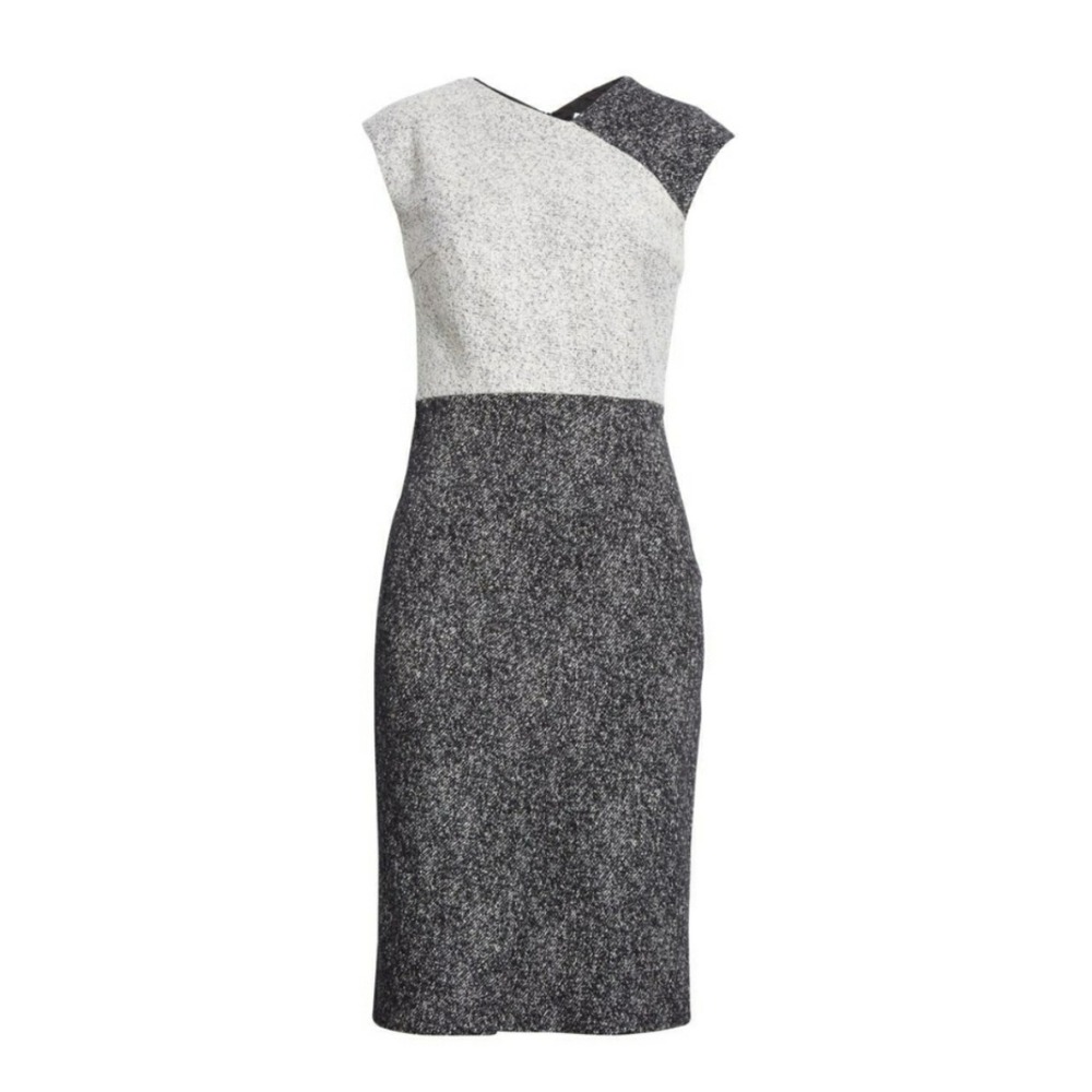 HUGO BOSS Sheath Career Dress Sz 8 Dechesta Tweed Colorblock‎ Black White